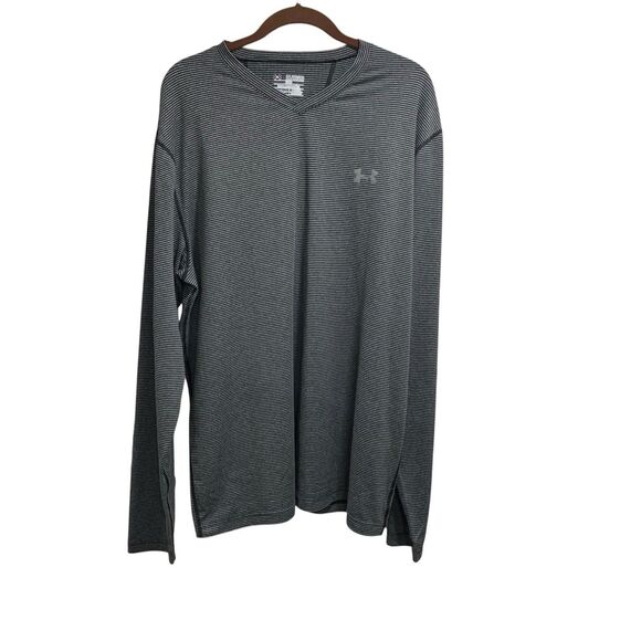 Under Armour Mens Black Striped Fitted Coldgear V Neck Long Sleeve Shirt 2XL - Picture 1 of 7